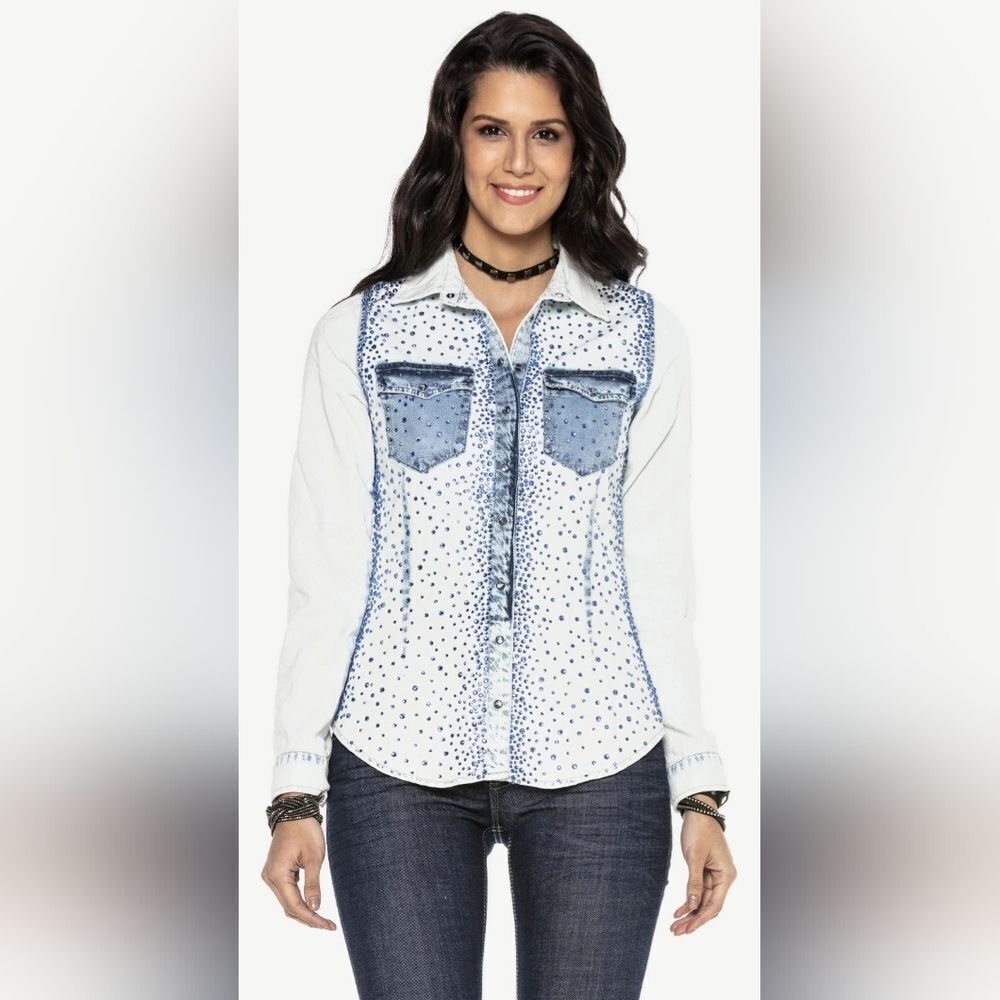 Dishe White & Blue Bedazzled Button Down Shirt (M)